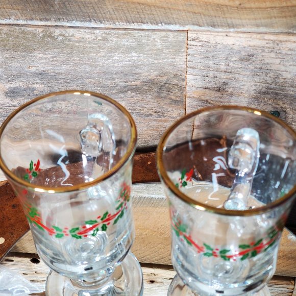 Libbey Irish Coffee Mugs - Green & Red Holly - Red Ribbon - Price for Pair - Picture 7 of 8